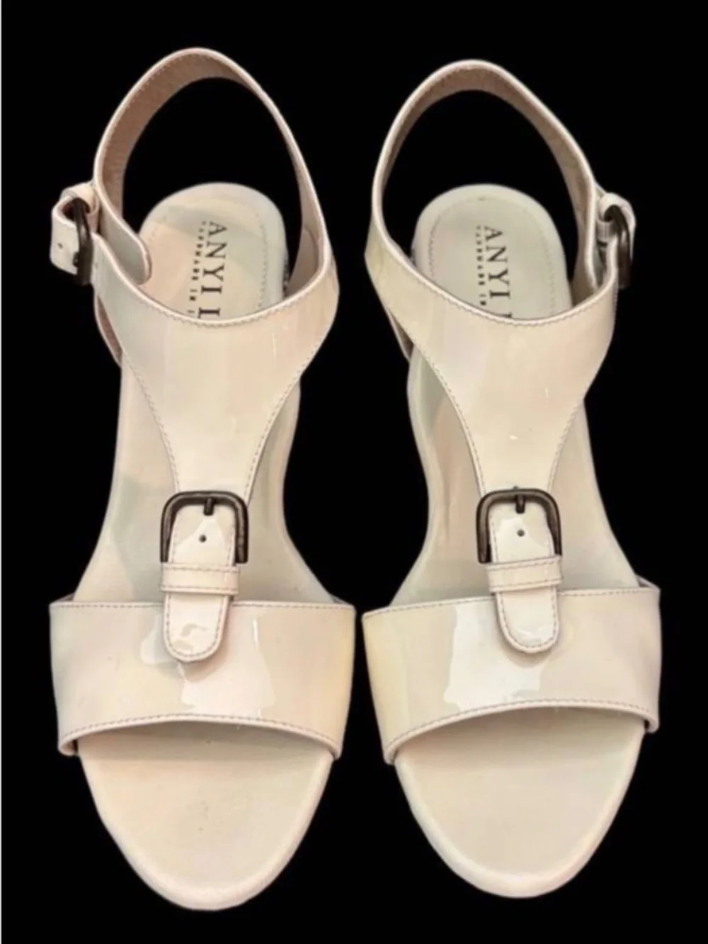 NIB Anyi Lu Italian Ivory Leather Chevron T-Strap Wedge Sandals 37.5 US 7-7.5